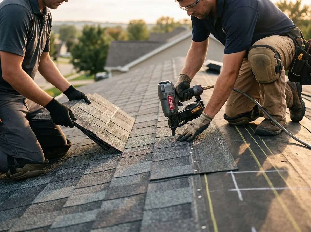 Professional roofer working on a residential roof in Etowah